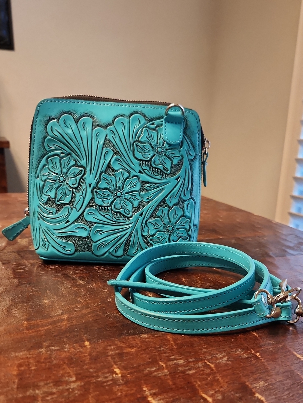 Turquoise Floral Tooled Leather Crossbody Bag